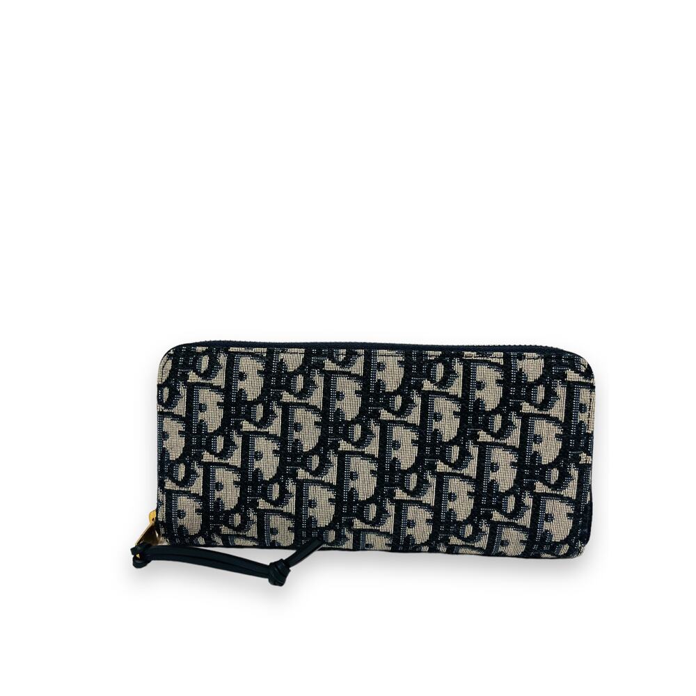 CHRISTIAN DIOR Blue Jacquard Oblique Logo Zip Around Long Wallet